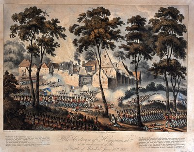 Eksteriøret av Hougoumont ved begynnelsen av slaget ved Waterloo, 18. juni 1815, gravert av T. Sutherland, publisert 1816 (akvatint) av English School