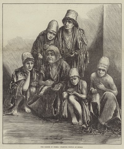 Hungersnøden i Persia, sultende mennesker ved Shiraz (gravering) av English School