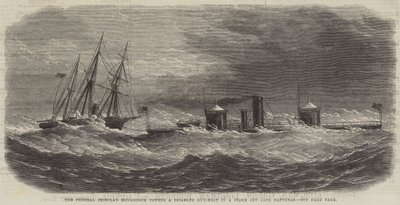 The Federal Ironclad Monadnock sleper en funksjonshemmet pistolbåt i en storm utenfor Cape Hatteras (gravering) av English School