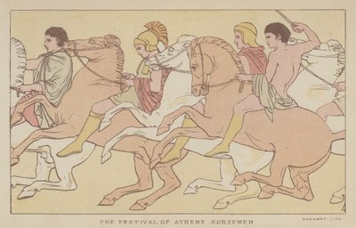 Festivalen av Athene, ryttere (farge litho) av English School