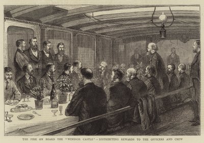 Brannen om bord på "Windsor Castle", som deler ut belønninger til offiserene og mannskapet (gravering) av English School