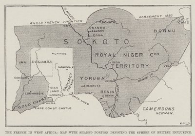 Franskmennene i Vest-Afrika, kart med skyggelagt del som angir sfæren for britisk innflytelse (litho) av English School