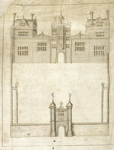 The Front of Wilton House, detalj fra Survey of Lands for 1st Earl of Pembroke, 1566 (penn og blekk på vellum) av English School