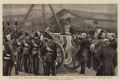 Begravelsen til avdøde prins Louis Napoleon, hertugen de Bassano, som fester æreslegionens kors til Pallen, i Woolwich (gravering) av English School