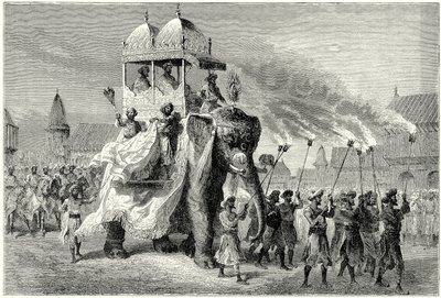 Gaikwar-elefanten i den store Sowari ved Baroda (gravering) av English School