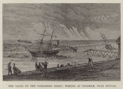 The Gales on the Yorkshire Coast, Wrecks at Coatham, nær Redcar (gravering) av English School