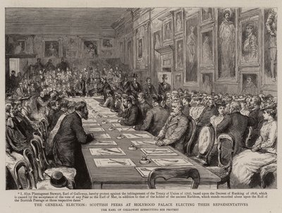 Generalvalget, skotske jevnaldrende ved Holyrood Palace velger sine representanter (gravering) av English School