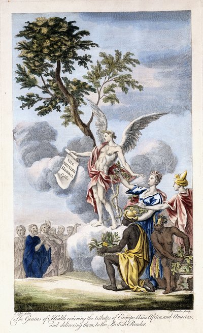 The Genius of Health mottar Europa, Asia, Afrika og Amerika og leverer dem til den britiske leseren, 1756-1757 av English School