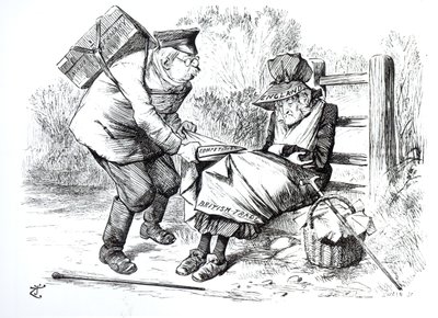 Den tyske kommersielle reisende som stjeler markedsandeler fra den britiske handelen, karikatur fra Punch, The London Charivari, 5. september 1896 av English School