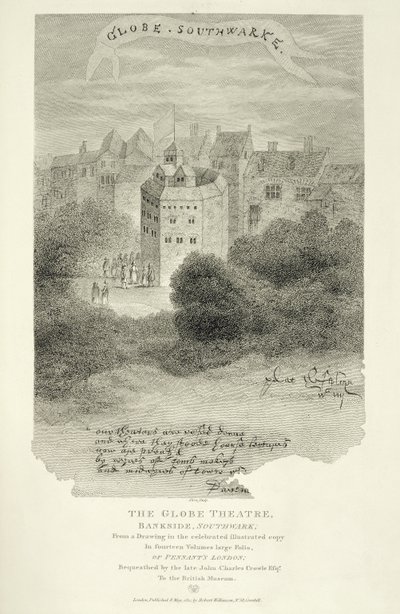 The Globe Theatre, Bankside, Southwark, etter en tegning fra Pennants London, først utgitt 1793, gravert av James Stow (ca. 1770-s. 1820), publisert 1812 av English School