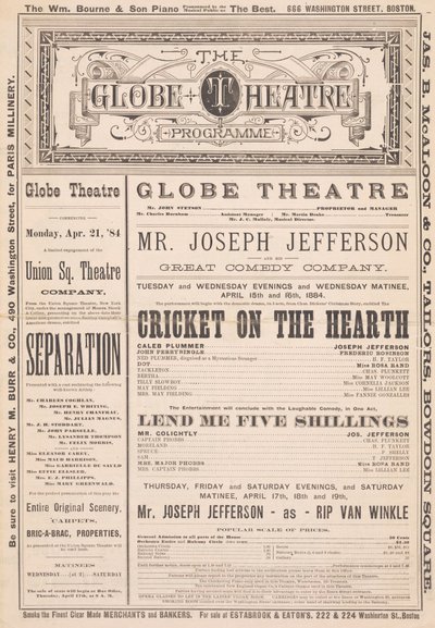 The Globe Theatre Programme, 21. april, 1884 av English School