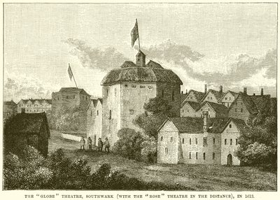 The Globe Theatre, Southwark (With the Rose Theatre in the Distance), i 1613 av English School