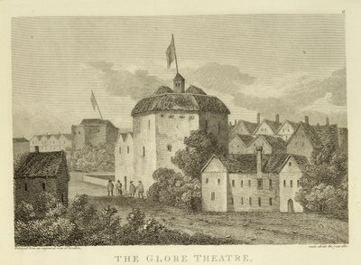 The Globe Theatre on the Bankside slik det så ut under James I (1566-1625) regjeringstid, etter en gravering ca. 1612, publisert 1810 av English School