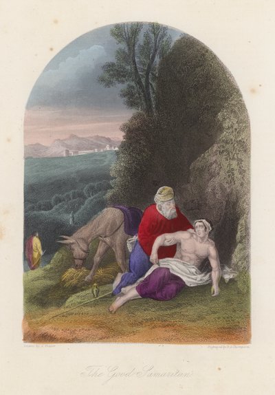 Den barmhjertige samaritan (farget gravering) av English School