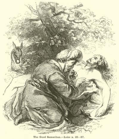 Den barmhjertige samaritan, Luke, x, 25, 37 av English School