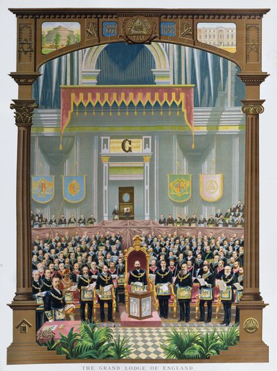 Storlogen i England stemmer gratulasjonsjubileumsadressen til Hennes Majestet Dronning Victoria i Albert Hall, London, 13. juni 1887 av English School