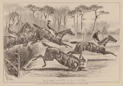 De store militær- og husholdningsbrigadens hinderløp i Sandown Park (gravering) av English School