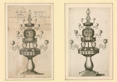 The Grand Pyramidical and Multiform Dial satt opp i Privy Garden i Whitehall, 24. juli 1669 av English School