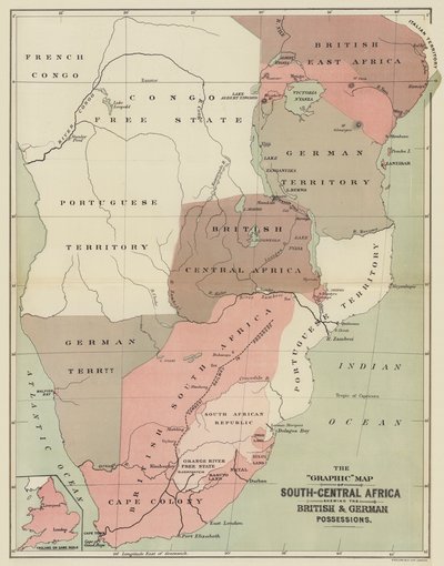 Det grafiske kartet over Sør-Sentral-Afrika som viser de britiske og tyske eiendelene (farge litho) av English School