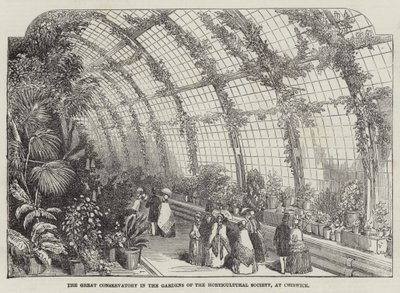 The Great Conservatory in the Gardens of the Horticultural Society, ved Chiswick (gravering) av English School