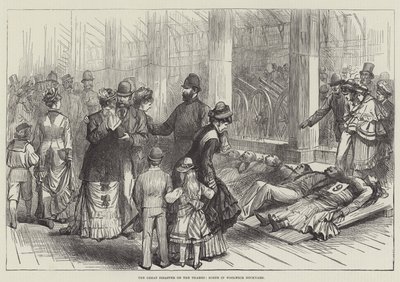 Den store katastrofen på Themsen, scene i Woolwich Dockyard (gravering) av English School