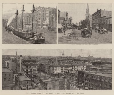 The Great Fire at Milwaukee, General Views of the City (gravering) av English School