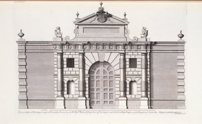 Den store porten ved Burlington House, Piccadilly, fra "Vitruvius Britannicus or The British Architect" av Colen Campbell av English School