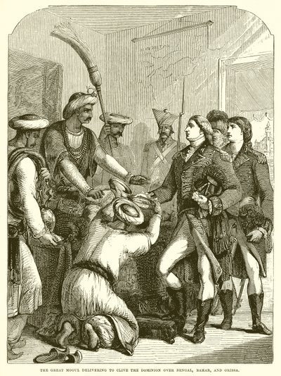 Den store mogulen leverer til Clive the Dominion over Bengal, Bahar og Orissa av English School