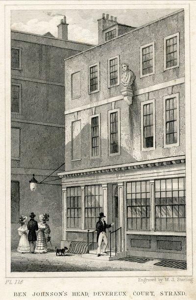 The Grecian Coffee House, Devereux Court, Strand, featuring a bust of Ben Johnson (engraving) av English School