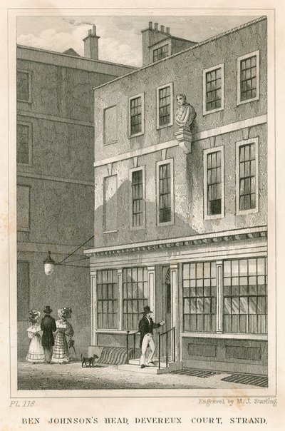 The Grecian Coffee House, Devereux Court, Strand, med en byste av Ben Johnson av English School