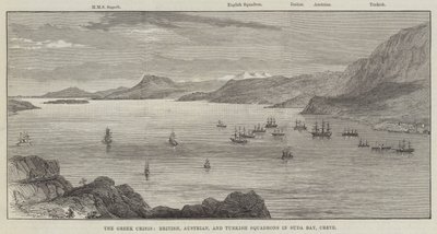 Den greske krisen, britiske, østerrikske og tyrkiske skvadroner i Suda Bay, Kreta (gravering) av English School