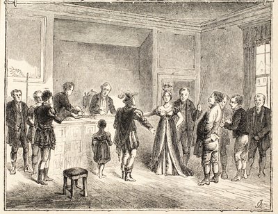 Hånden og saksen, en sak for domstolen i Pie-Poudre, fra en tegning datert 1811 av English School
