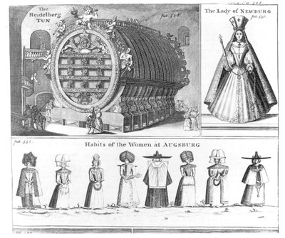 Heidelberg Tun, The Lady of Newburg and Habits of the Women of Augsburg, fra Missons Nouveau voyage dItalie publisert i Navigantium atque Itinerantium Bibliotheca av Harris, revidert utgave, 174 av English School