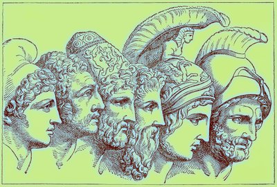 The Heroes of the Trojan War: Paris, Diomedes, Odysseus, Nestor, Achilles, Agamemnon, illustrasjon fra The Illustrated History of the World, utgitt ca. 1880 (digitalt forbedret bilde) av English School