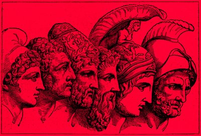 The Heroes of the Trojan War: Paris, Diomedes, Odysseus, Nestor, Achilles, Agamemnon, illustrasjon fra The Illustrated History of the World, utgitt ca. 1880 (digitalt forbedret bilde) av English School