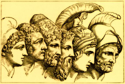 The Heroes of the Trojan War: Paris, Diomedes, Odysseus, Nestor, Achilles, Agamemnon, illustrasjon fra The Illustrated History of the World, utgitt ca. 1880 (digitalt forbedret bilde) av English School