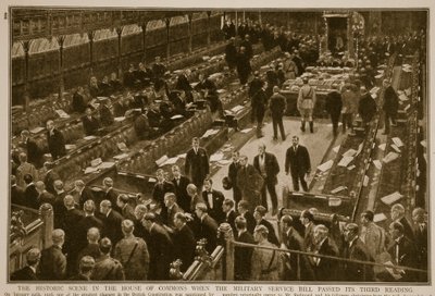 Die historische Szene im Unterhaus, als das Militärdienstgesetz seine dritte Lesung passierte, 1914-19 von English School