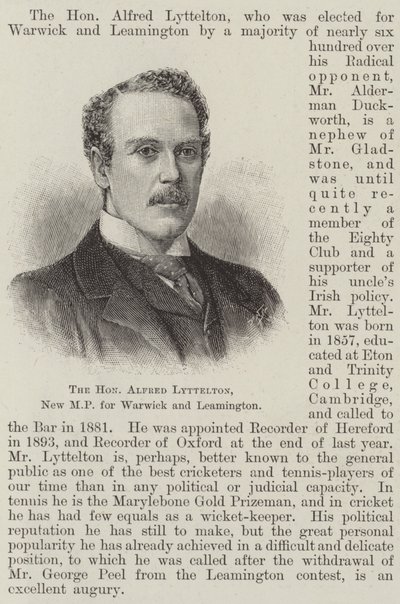 Den ærede Alfred Lyttelton, ny MP for Warwick og Leamington (gravering) av English School