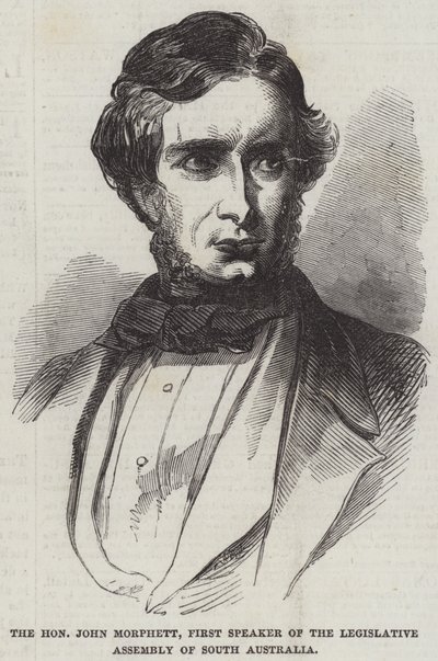 Den ærede John Morphett, første taler for den lovgivende forsamlingen i Sør-Australia (gravering) av English School