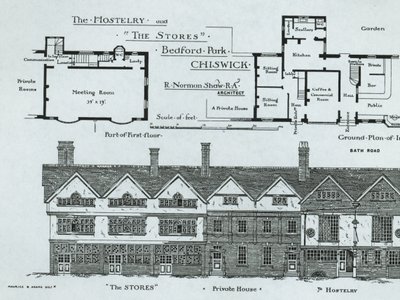 The Hostelry and The Stores, Bedford Park, Chiswick, fra The Building News, 1877 av English School