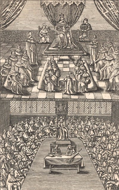 House of Lords og House of Commons under kong Charles I, ca. 1640 (fargetresnitt) av English School