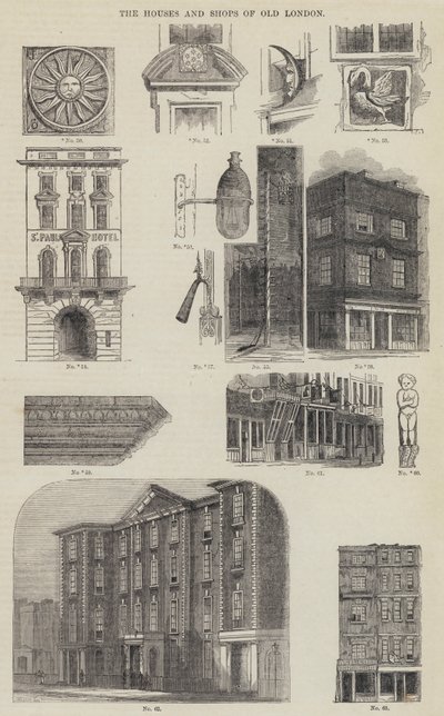 Husene og butikkene i Old London (gravering) av English School