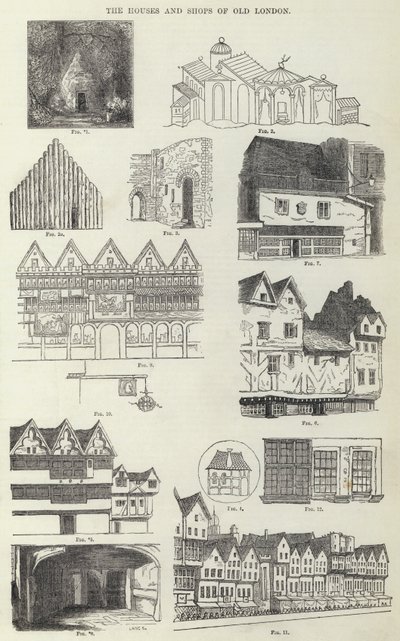 Husene og butikkene i Old London (gravering) av English School