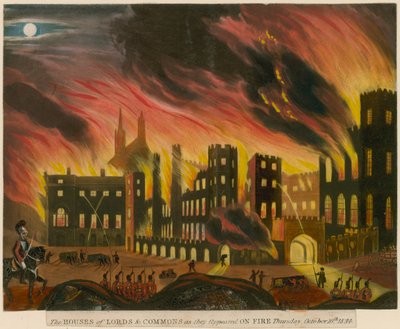 Houses of Lords and Commons slik de dukket opp i brann, 16. oktober 1834 av English School