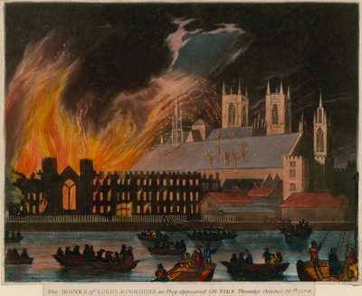 Houses of Lords and Commons slik de dukket opp i brann, 16. oktober 1834 av English School