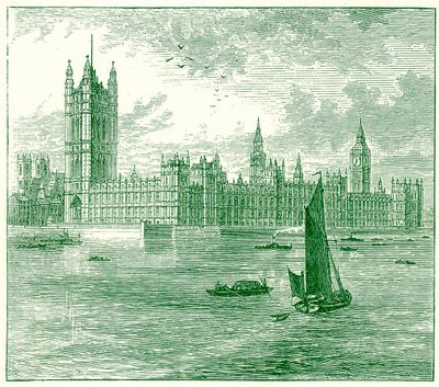 The Houses of Parliament og Westminster Abbey, illustrasjon fra The World as it Is av George Chisolm, utgitt 1885 (digitalt forbedret bilde) av English School