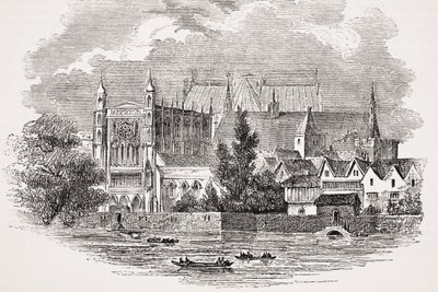 The Houses of Parliament fra elven på John Hampdens tid, fra 'Old England's Worthies' av Lord Brougham og andre, utgitt London, ca. 1880-tallet av English School