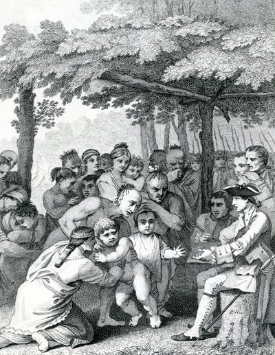 Indianerne leverer de engelske fangene til oberst Bouquet nær leiren hans ved Forks of Muskingham i Nord-Anerica, gravert av Canot, 1764 av English School