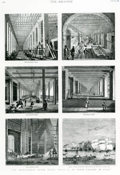 Den indo-kinesiske opiumshandelen: notater på en opiumsfabrikk i Patna, hentet fra The Graphic, 1882 av English School