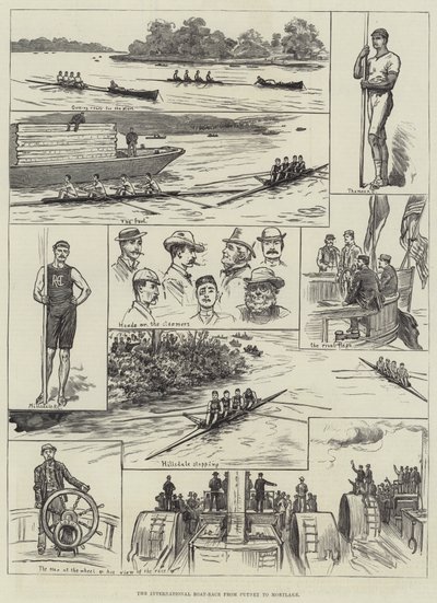 Det internasjonale båtkappløpet fra Putney til Mortlake (gravering) av English School
